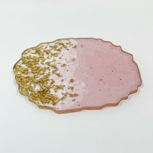 Blush Pink & Gold Leaf Resin Serving Tray – Handmade Decorative Platter