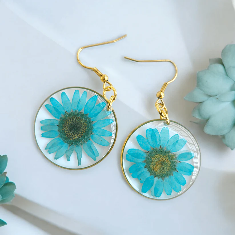 Dazzling Blue Daisy Resin Earrings – Gold Plated Floral Drop Earrings for Women - Image 2