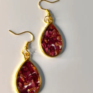 Drop Shaped Rose Preserved Resin Earrings – Gold Plated Teardrop Floral Dangle Earrings for Women
