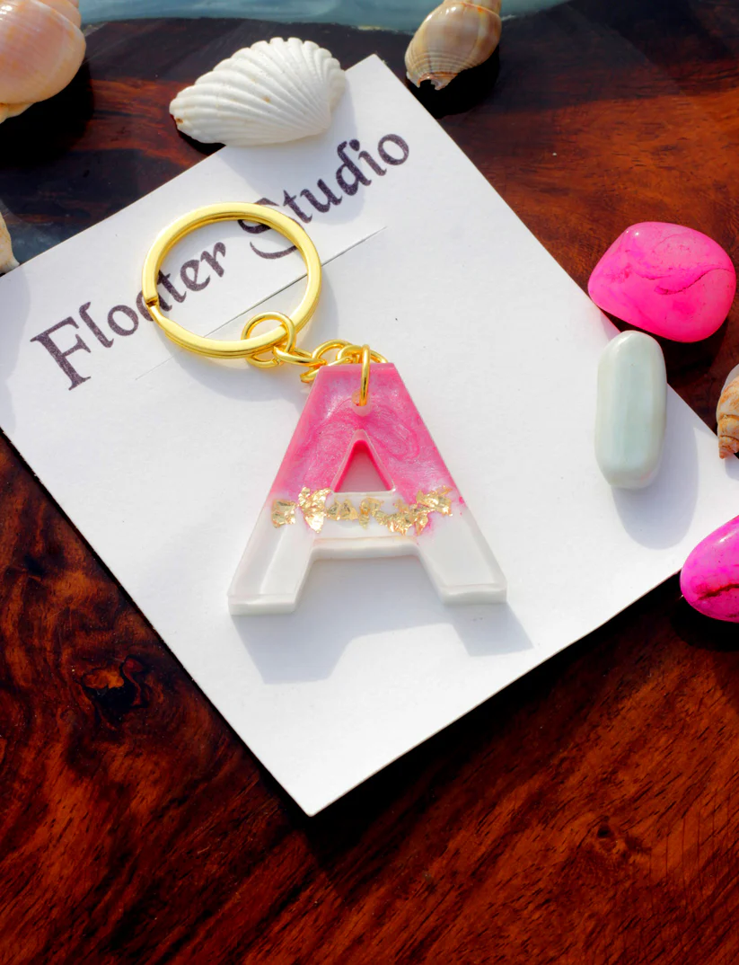 Resin Alphabet Letter Keychain – Personalized Initial “A” Key Ring with Gold Flakes | Multicolor Available