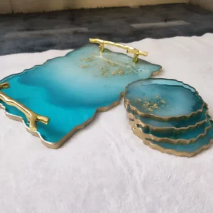 Sea Green Resin Tray and Coaster Set – Luxury Serving Tray with 4 Matching Coasters | Gold Accent Edges