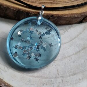 Handmade Epoxy Resin Pendant – Round Transparent Blue Necklace with Silver Star Glitter Charm