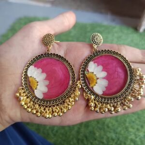 Handcrafted Pressed Flower Statement Earrings – Pink Resin & Gold Boho Dangles